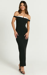 Raquel Midi Dress - Off The Shoulder Contrast Neck Detialing Dress in Black